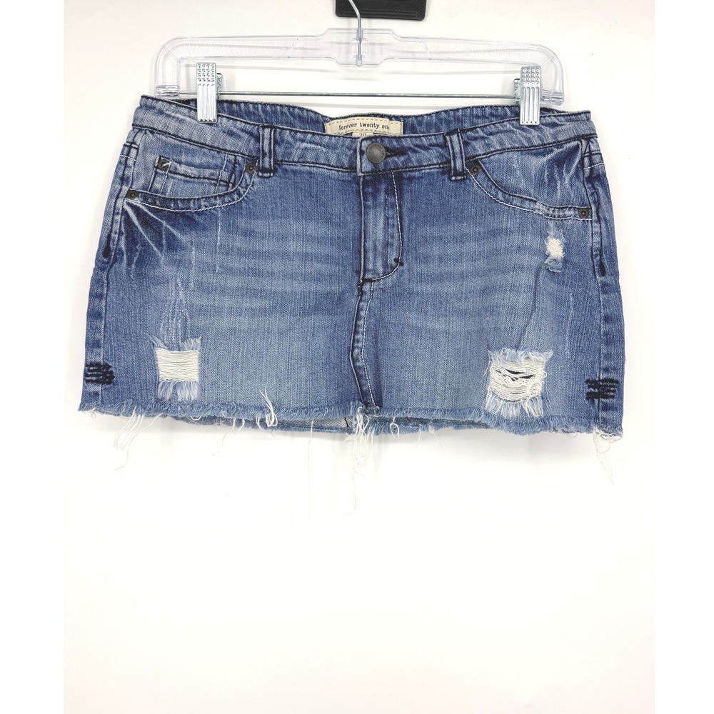 Forever‎ 21 Distressed Denim Mini Skirt Blue Raw Hem Size 29
